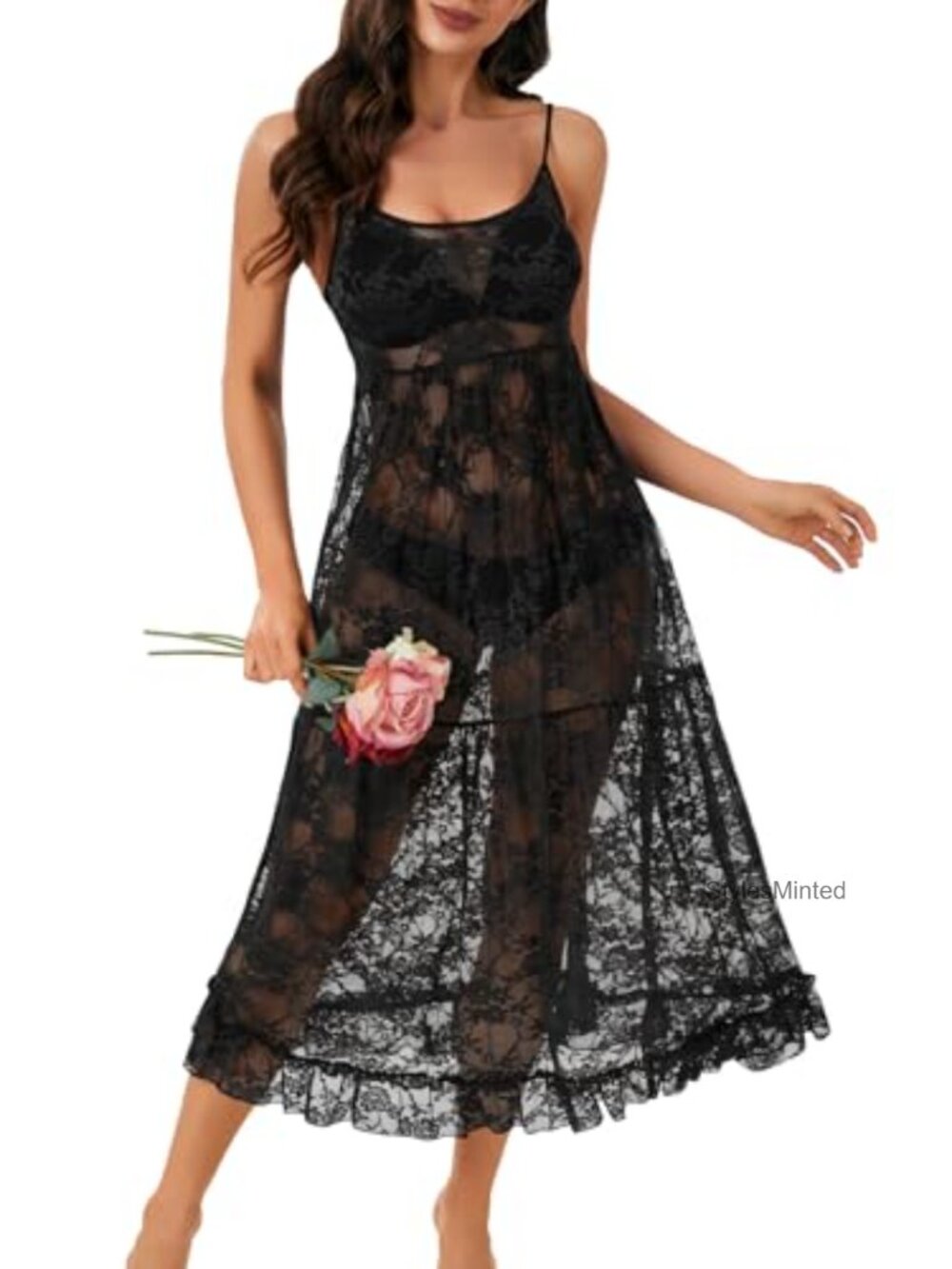 Sheer Lace Nightgown Sleeveless Spaghetti Strap Lounge Dress Women